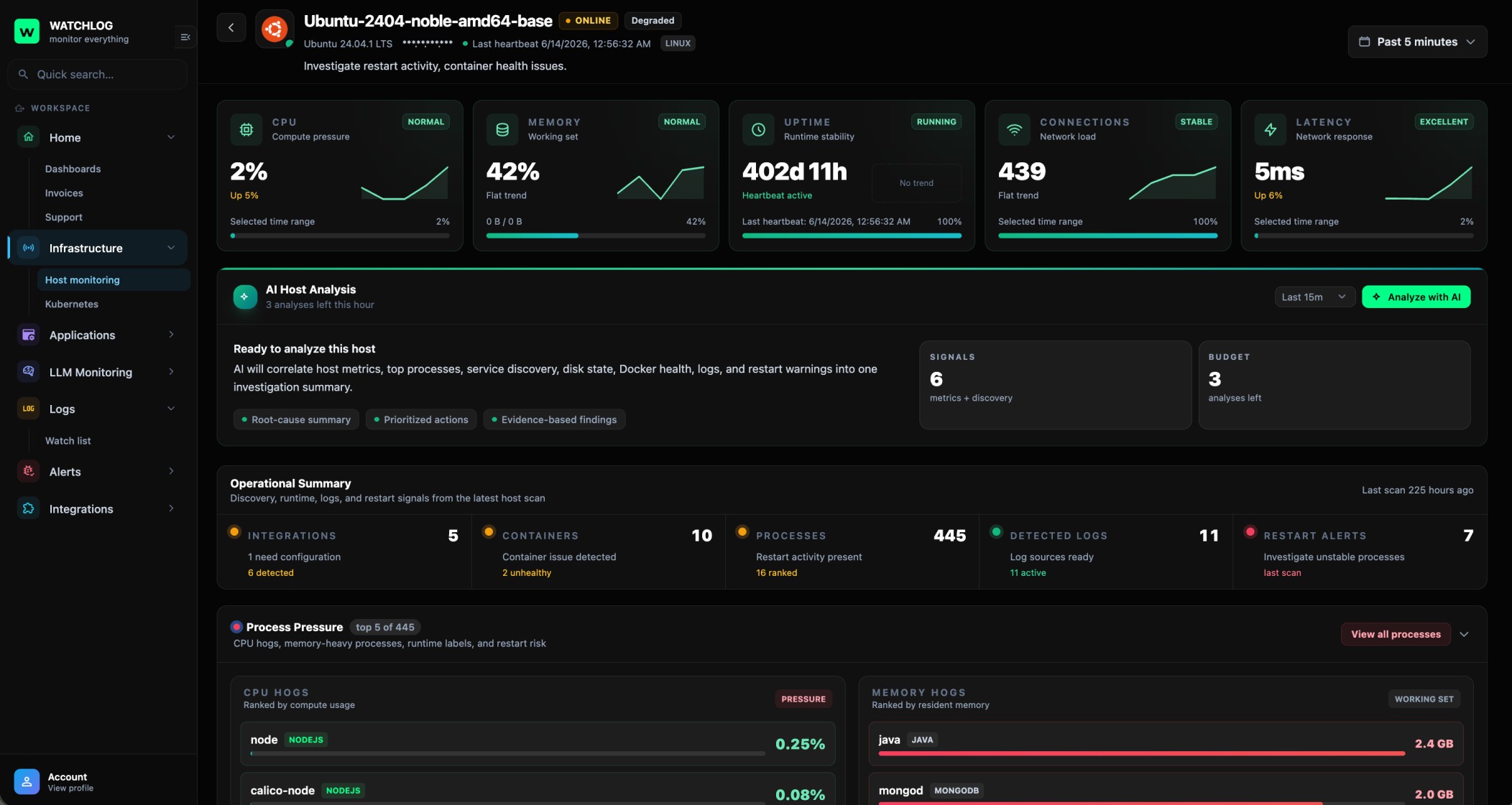 Watchlog server dashboard showing CPU, memory, uptime, network connections, and AI host analysis