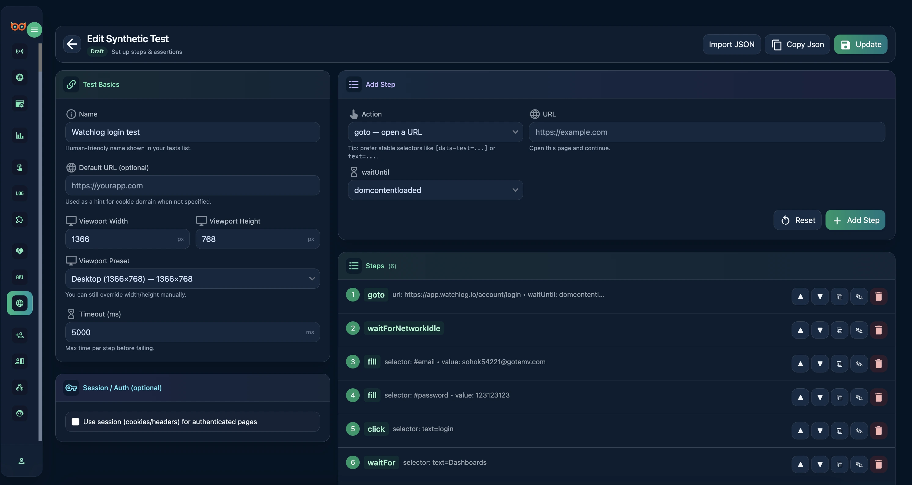 Synthetic Tests — step screenshots
