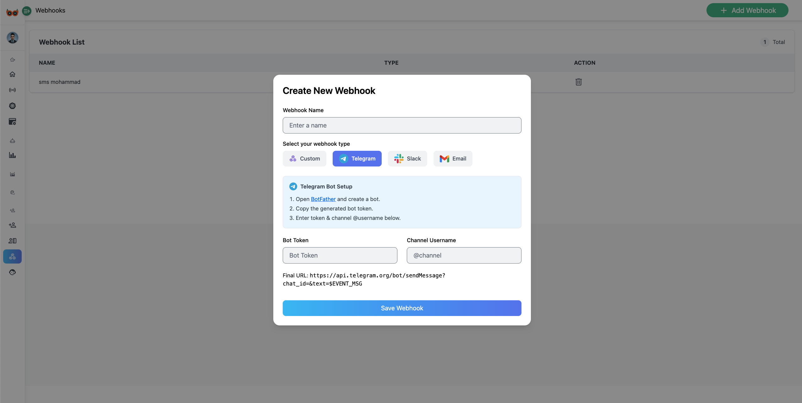 Webhooks Panel Screenshot